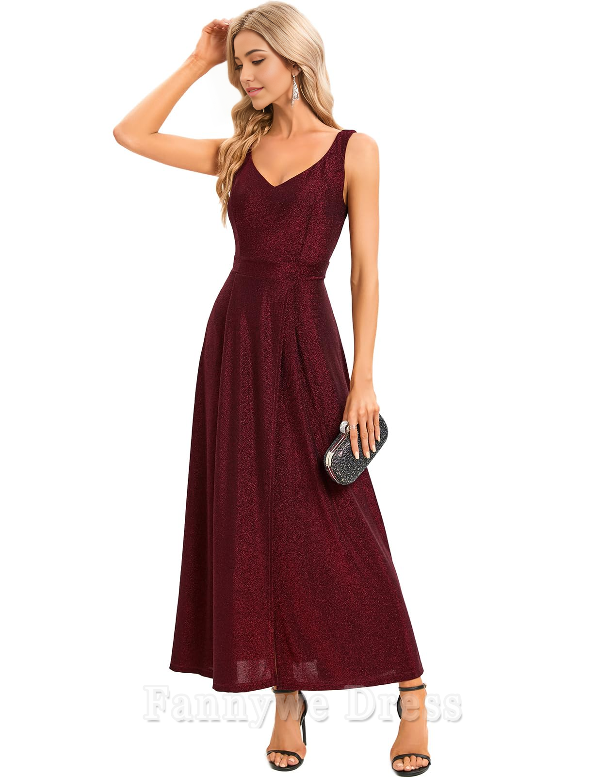 Vestido de noche formal sin mangas con escote en V y corte A, vestido de fiesta con abertura